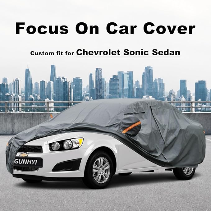GUNHYI Premium Car Cover Custom Fit Chevrolet Sonic Sedan, 16 Layers Heavy Duty Car Cover Waterproof All Weather with Zipper Door for Sun Rain Snow Dust Uv Protection