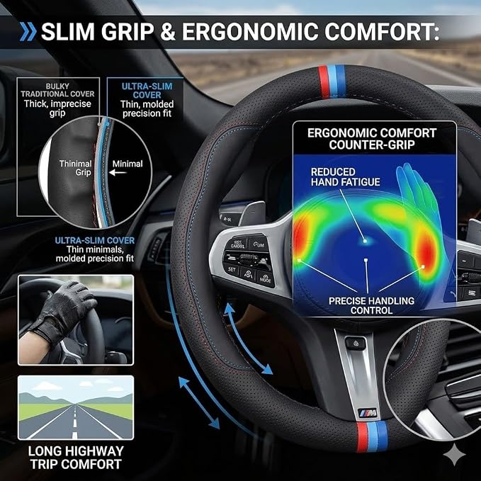 Car Steering Wheel Cover for BMW X3 X5 3 5 Series, Microfiber Leather | Universal fit for BMW 14.5-15 inch wheels (2003-2026). Trendy S-shaped pattern design in durable black leather.
