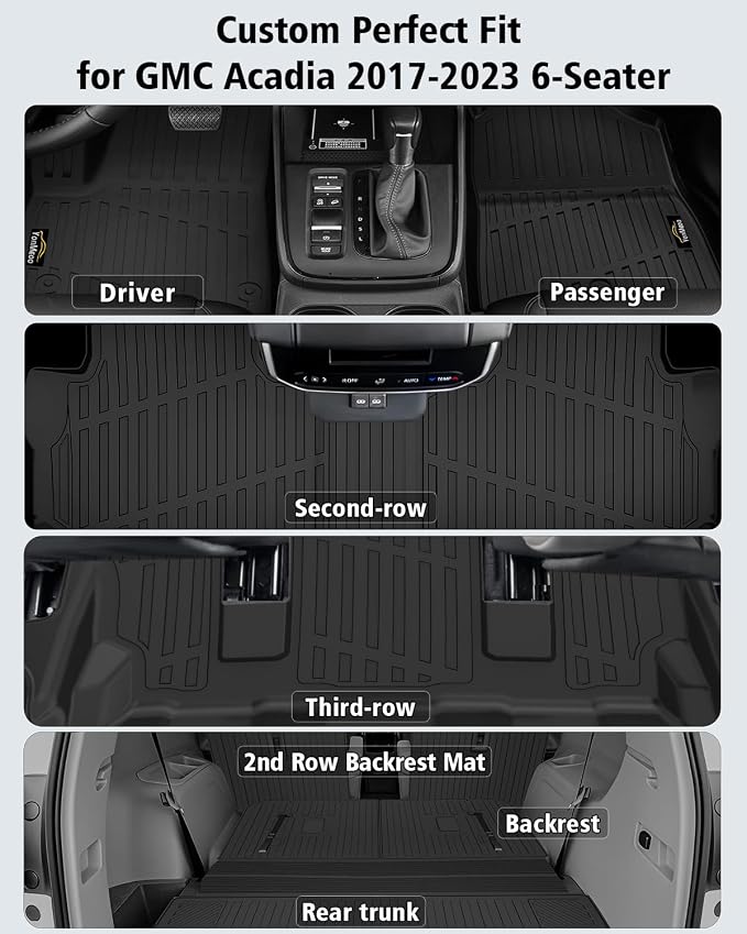 Floor Mats Custom for GMC Acadia 6 Seats 2017-2023 | All Weather TPE Floor & Cargo Liners, Backrest Mat, 2nd Row Seat Back Protector & Door Sill Protectors Full Set for Acadia