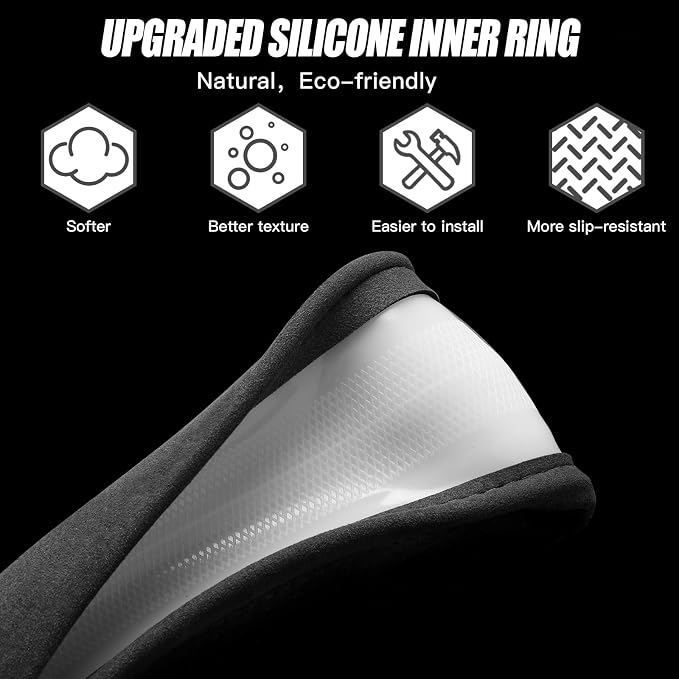 Suede Steering Wheel Cover with Upgraded Silicone Inner Ring, Breathable, Anti-Slip, Leather Universal 14.5 to 15 Inch Steering Wheel Cover (Black with Blue Mark)