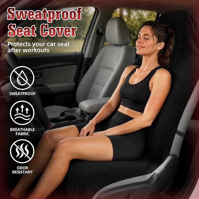 550g Heavy Duty Towel Car Seat Cover, Waterproof Sweat Protector for Post-Gym & Beach, Non-Slip Microfiber Bucket Seat Mat for Sedans SUV Minivans, Machine Washable (Black, 1-Pack)