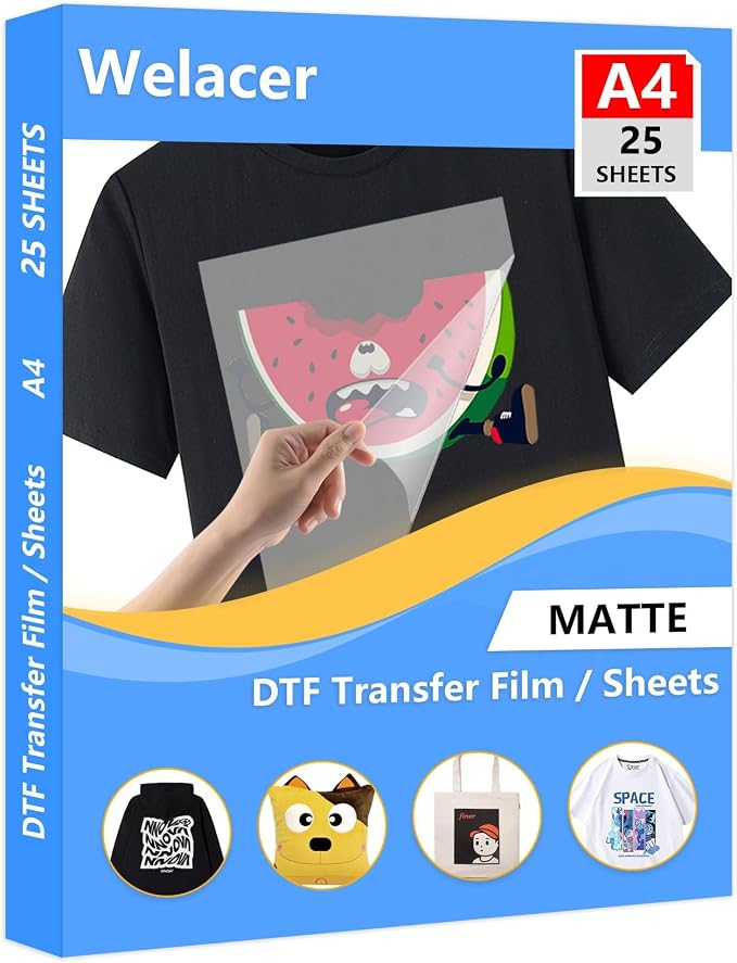 DTF Transfer Film A4 25 Sheets,Double-Sided Thick Matte Pretreat Sheets | Hot&Cold Peel,PET Heat Transfer Paper for DTF Inkjet Printers Direct Print on T-Shirts and All Color Fabrics, Wash Durable