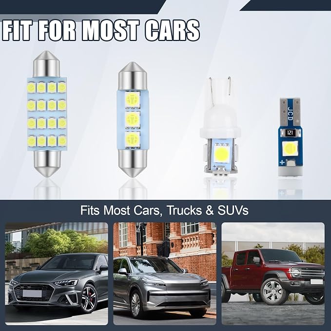 24PCS LED Interior Car Lights Kit - 42mm 36mm Festoon & T10 194 168 W5W T5 74 Canbus Error Free Super Bright 6000K White Dome Map Trunk License Plate Gauge Cluster Bulbs with Pry Tool