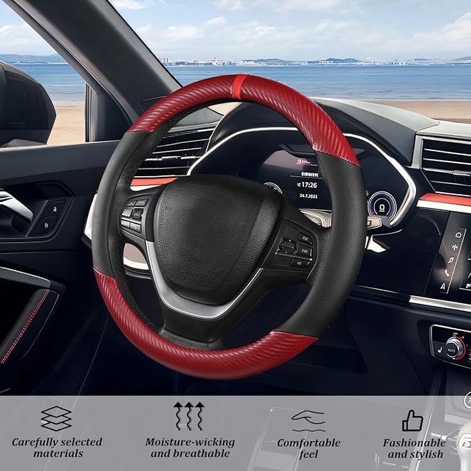 Carbon Fiber Car Steering Wheel Cover, Leather Breathable Automotive Wheel Protector, 15 Inch Anti-Slip Vehicle Interior Steering Accessories, Universal for SUV Truck Sedan (Red)