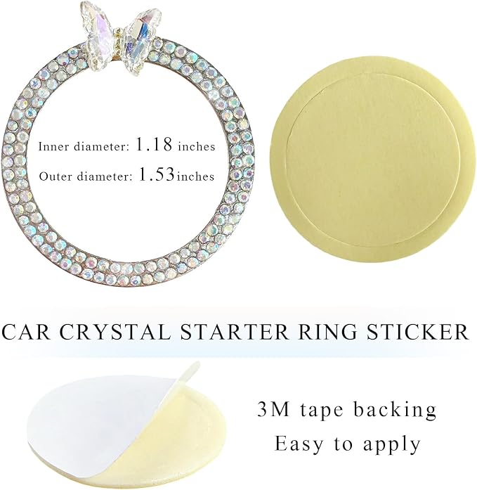 DXNQ Bling Ring Emblem, Sparkling Butterfly Car Buttons and Knobs Ring, Girly Butterfly Diamond Car Engine Start Button Cover, Key Ignition Knob Rings Decoration for Women (AB, Double Row)