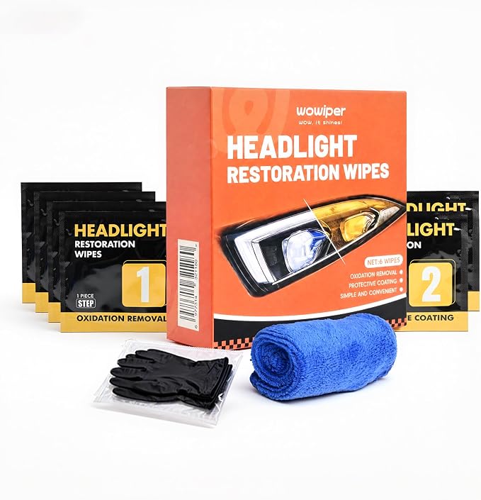Headlight Cleaner Wipes Kit, 6 Wipes 2-Step Headlight Restorer for Cloudy Yellow Plastic Lenses, Removes Light Oxidation and Haze, No Sanding, Protective Coating for Cars