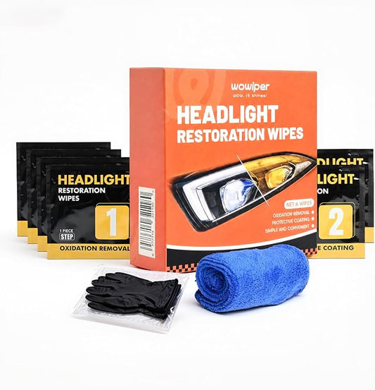 Headlight Cleaner Wipes Kit, 6 Wipes 2-Step Headlight Restorer for Cloudy Yellow Plastic Lenses, Removes Light Oxidation and Haze, No Sanding, Protective Coating for Cars