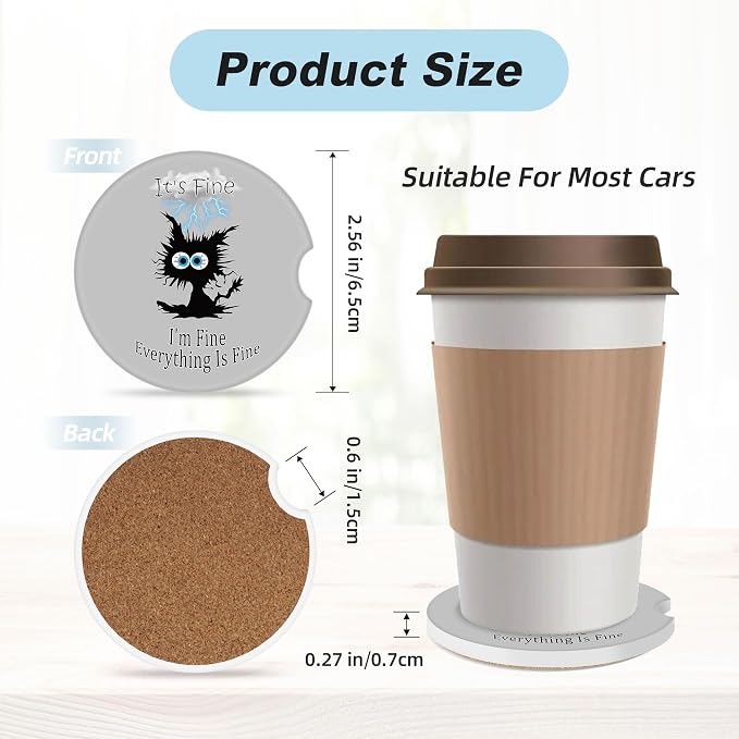 Lightning Black Cat Car Coasters for Cup Holders,2 Pack Car Cup Holder Coasters for Car,Ceramic Absorbent Car Coaster with A Finger Notch and Cork Base,Car Interior Accessories for Women Men