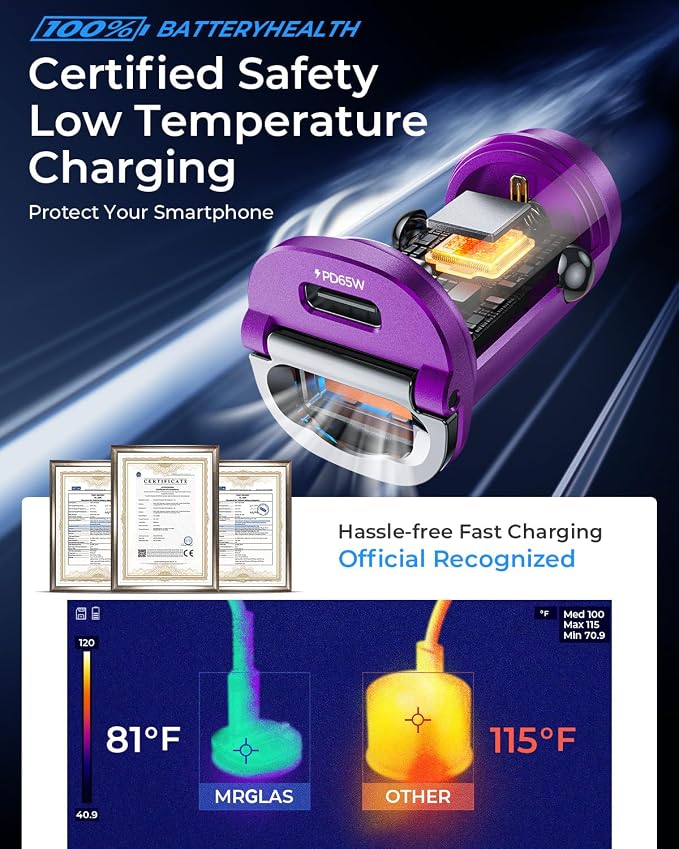 MRGLAS【Upgraded】 125W USB C Car Charger Super Fast Charging for iPhone 17 | [PD65W & QC60W][All Metal] Cigarette Lighter Car Charger,Dual Port for iPhone 16 15 Pro iPad Samsung S25/S24 MacBook-Purple