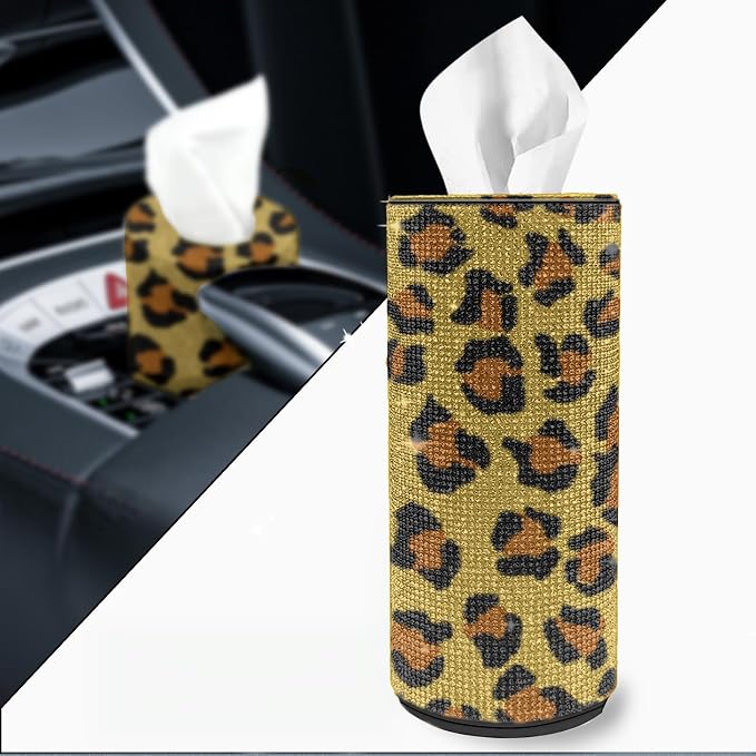Bling Car Tissue Holder for Cup Holder – Sparkly Rhinestone Round Tissue Dispenser with 1 Pack Tissues – Fits Standard Auto Cup Holders – Stylish Car Interior Accessory for Women(Leopard Print)