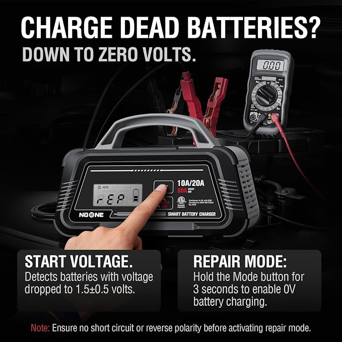NOONE 10A/20A Smart Battery Charger - 12V/24V Fully Automatic Maintainer | with 50A Engine Start, Winter Mode, and Auto Repair - Car Trickle Charger for AGM, Gel, Deep Cycle & LiFePO4 Batteries