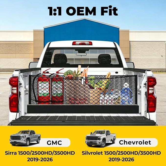Zoned Storage Cargo Net for Chevy Silverado&GMC Sierra1500/2500HD/3500HD | 2019-2026, 3-Layer Truck Bed Net with Zipper Bag, Heavy Duty Cargo Organizer Storage Nets for Camping& Daily Use