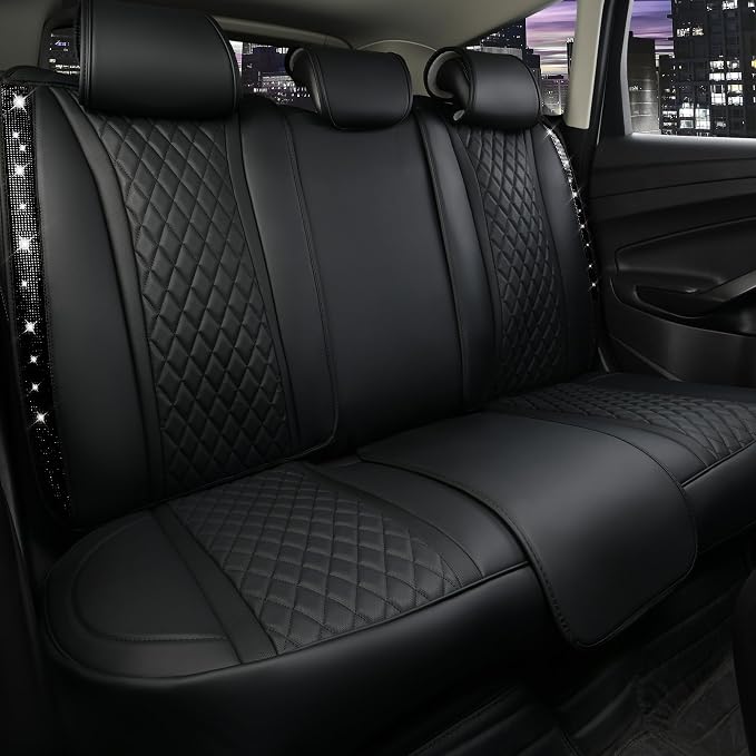 CAR PASS Bling Diamond Back Seat Covers, Nappa Leather Rear Seat Bench Cushion Waterproof Breathable Back Row Protector Universal Fit Car Sedan SUV Pickup Truck Shining Rhinestone Sparkle, Black