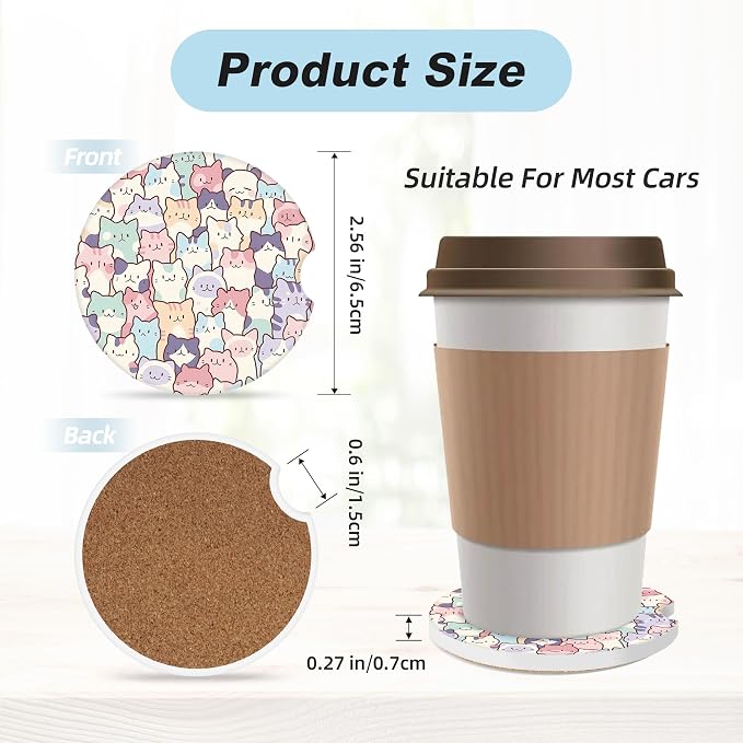 Cute Colorful Cats Car Coasters for Cup Holders,2 Pack Car Cup Holder Coasters for Car,Ceramic Absorbent Car Coaster with A Finger Notch and Cork Base,Car Interior Accessories for Women Men