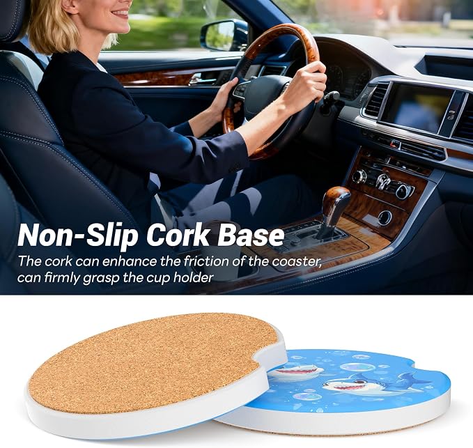 Car Cup Holder Ceramic Coasters 2 Pack, 2.56 in Anti Slip Absorbent Coaster with Cork Base and Finger Notch, Funny Cute Car Accessories Interior for Women, Dolphins