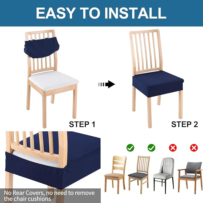 Smiry Waterproof Seat Covers for Dining Room Chairs Set of 2, Stretch Jacquard Removable Washable Chair Seat Slipcovers Protector, No Rear Covers, Federal Blue