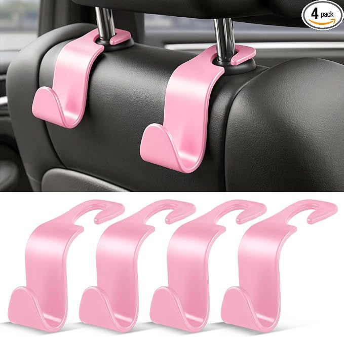 SINGARO 4 Pack Car Seat Headrest Hooks, Vehicle Back Seat Hanger Storage Organizer for Purse Handbag Backpack Coat Grocery, 360° Rotating Heavy Duty Holds 44lbs, Pink