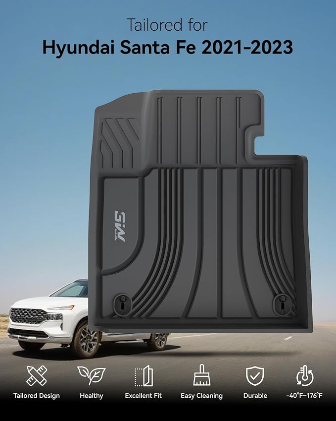 3W Floor Mats for Hyundai Santa Fe 2021 2022 2023 (Only Fit Gas, Not Fit Hybrid or PHEV), TPE All Weather Custom Fit Car Accessories Liners 1st & 2nd Row, Black