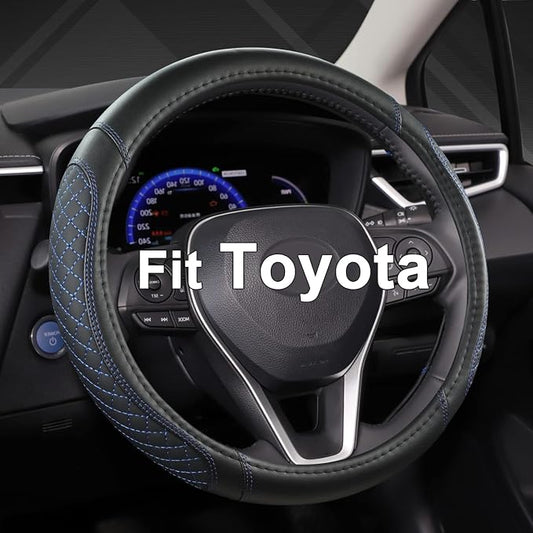 West Llama Customized Auto Car Steering Wheel Cover for Toyota Tacoma,4Runner,Tundra,Sequoia,15.5-16 inch(Diamond Quilted-Black+Blue-Large Size)