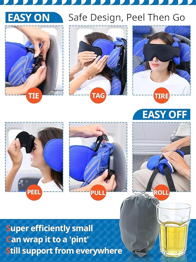 SARISUN Travel Pillows for Airplanes, Airplane Pillow for Long Flight, Airplane Head Strap with Sleep Eye Mask, 360° Support Headrest for Car Road Trip, Stop Bobblehead Travel Essentials, Red
