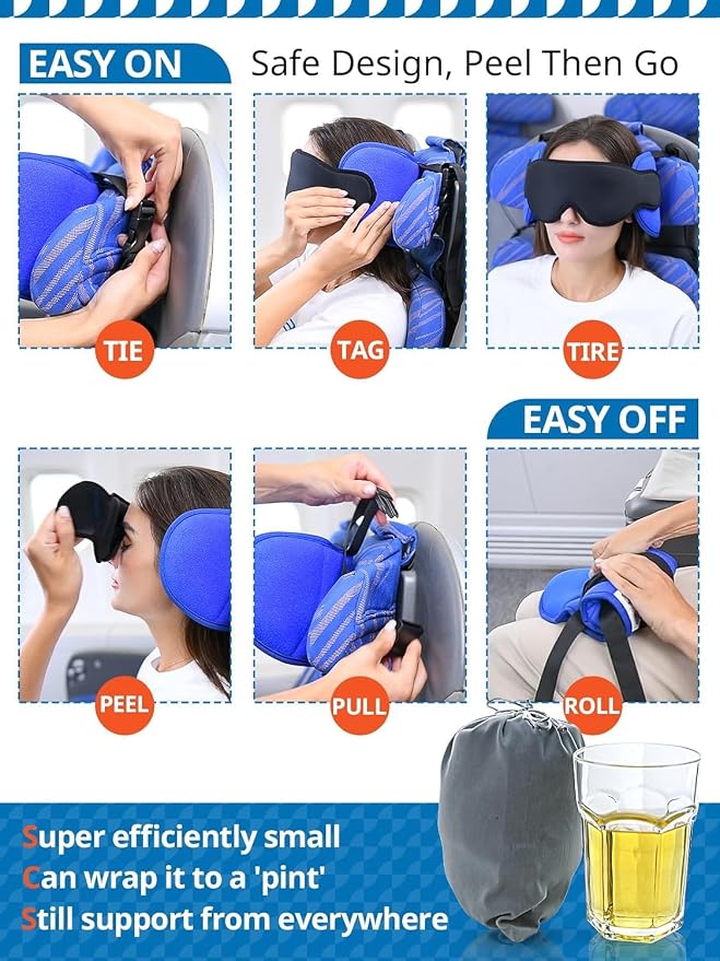 SARISUN Travel Pillows for Airplanes, Airplane Pillow for Long Flight, Airplane Head Strap with Eye Mask for Sleep, Travel Neck Pillow for Car Road Trip, 360° Support Headrest, Stop Bobblehead, Yellow