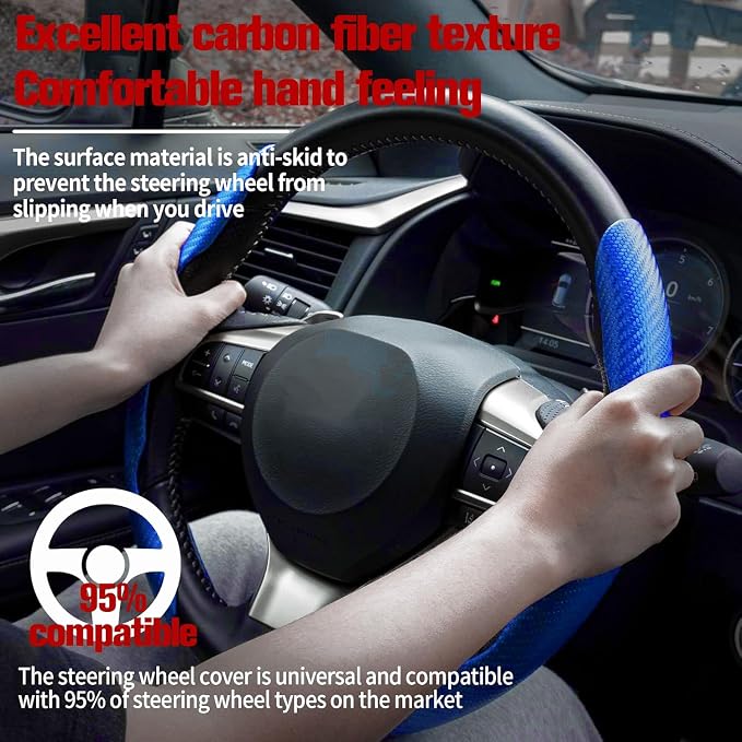 Amiss 2pcs Carbon Fiber Anti-Skid Steering Wheel Cover, Waterproof & Segmented Butterfly Design, Universal 99% Vehicle Wheel Cover Protector, Car Interior Accessories (Blue-2pcs)