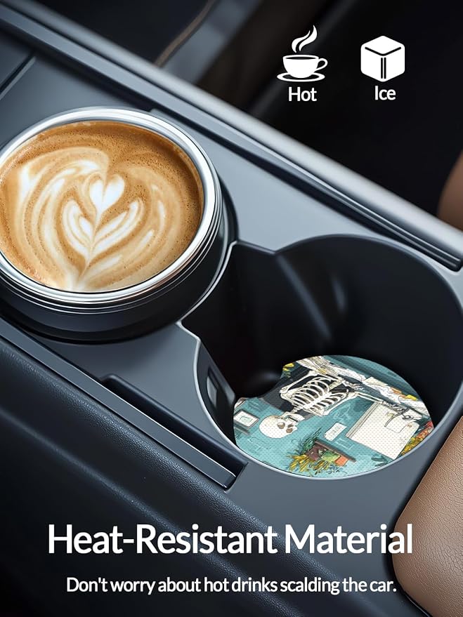 WOCOCN Cute Cup Holder Coasters for Your Car with Fingertip Grip, Auto Accessories for Women & Men,Pack of 2 (Computer and Skeleton)
