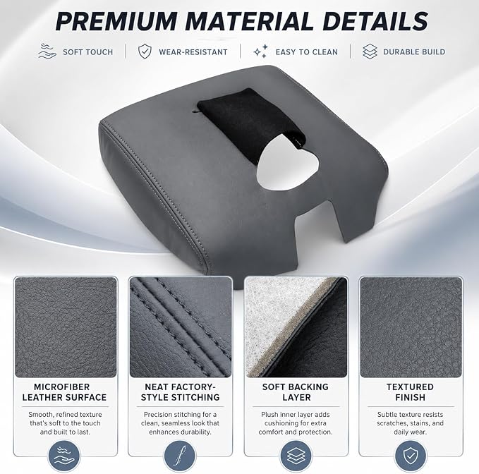 SecosAutoparts 2014-2018 Center Console Armrest Cover Lid for Chevy Silverado & GMC Sierra 1500 2500 3500 - Dark Gray Leather Replacement Cover, Jump Seat 40/20/40 Split Bench, Microfiber Leather