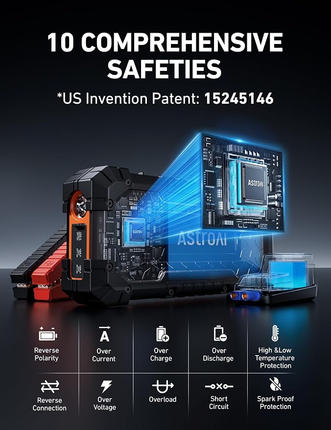 AstroAI S8 Ultra Car Jump Starter, 4000A Safe 12V Battery Booster Pack (All Gas/12L Diesel), Portable Jump Box with Smart Jumper Cables, Type-C/USB, Flashlight, Rugged Protection & Storage Bag, Orange