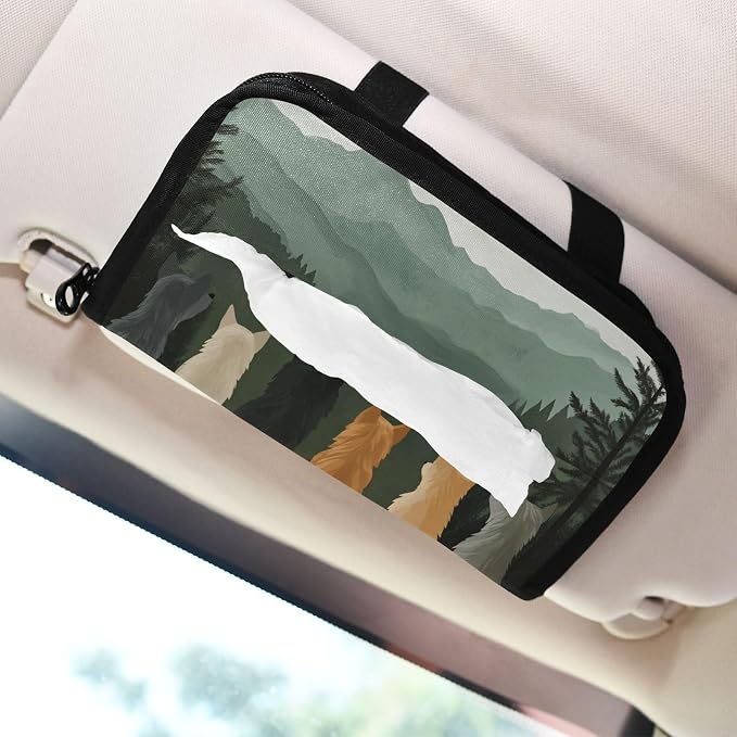 Car Visor Tissue Holder Mask Holder for Car, Car Tissue Box Sun Visor Napkin Holder Car Visor Accessories Adjustable Straps Reusable Durable Easy to Install Cute Wolves Back and Green Mountai