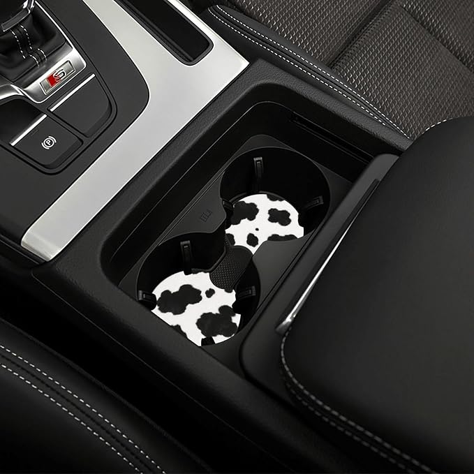 Cow Print Steering Wheel Cover - Cow Cattle Print Steering Wheel Cover Anti-Slip Breathable for 15 in Universal 2 Pcs Car Interior Cup Holder Pad for Men Women
