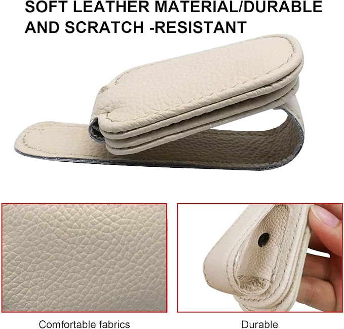 2 Pack Magnetic Leather Car Visor Sunglass Holder (Beige) | Leather Glasses Eyeglass Hanger Clip for Car, Sunglass Clip Glasses Holder for Car Visor