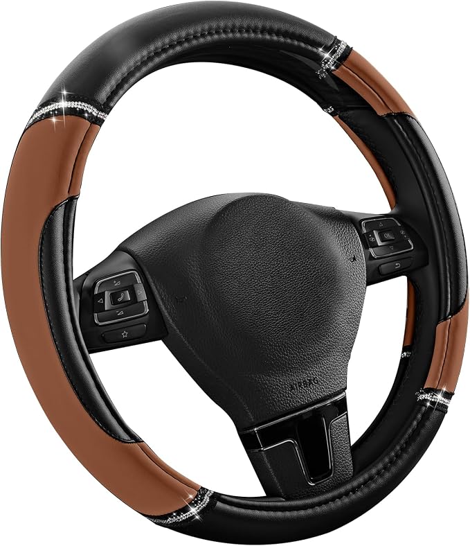 Road Comforts Leather Steering Wheel Cover - Made with PVC Leather Bling Design - Anti-Slip Wheel Cover Universal Fit Most 14 1/2 inches to 15 inches - Brown Color