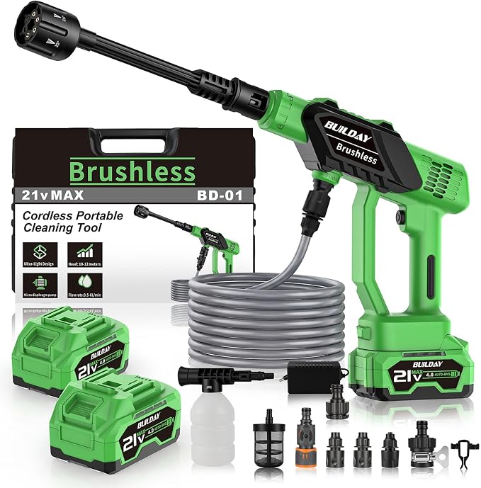 Cordless Portable Cleaning Tool with 2×4000mAh Batteries & Power Display | 6-in-1 Nozzle & 16.4FT Hose – Lightweight Handheld Power Cleaner for Car, Driveway, Garden, Patio, Fence
