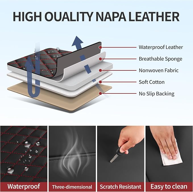 Black and Red Thick Nappa Leather Automotive Front Car Seat Covers Set of 2 | Univerasal Precision Fit,Lumbar Support,3D Contoured,Waterproof,ThickTexture,for most Suvs Trucks Sedans