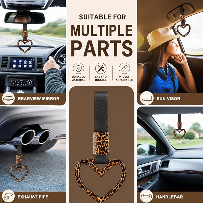 Fabbay Bling Car Accessories Bling Heart Handle Ring Car Accessory for Women Hearts Hand Strap Drift Charm Rear Bumper Warning Ring Decor for Auto Interior Exterior Decoration(Leopard,Heart Style)