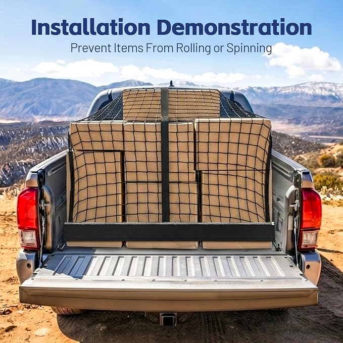 Cargo Net for Ford F150/F250/F350/F450 2015-2026, Nissan Titan 2016-2024 | Heavy Duty Truck Bed Organizer, Highly Elastic Tailgate Net with Carabiners, Weatherproof Mesh Cover with Attached Zipper Bag