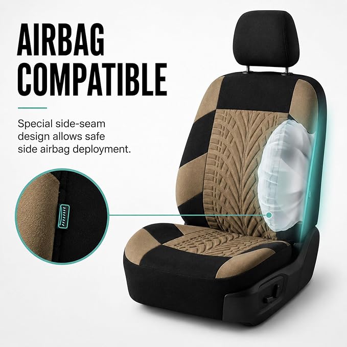 FH Group Car Seat Covers Full Set Premium Cloth - Universal Fit, Automotive, Low Back Front Washable Seat Covers, Airbag Compatible, Split Bench Rear Seat for SUV, Sedan Beige