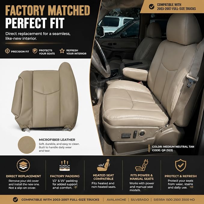 NLQR #522/52i Med Tan Driver & Passenger Bottom & Top Lean Back Replacement Leather Seat Covers & Armrests fit for Chevy Silverado Tahoe Suburban Avalanche GMC Yukon Sierra 1500 2500 3500 HD 2003-2007