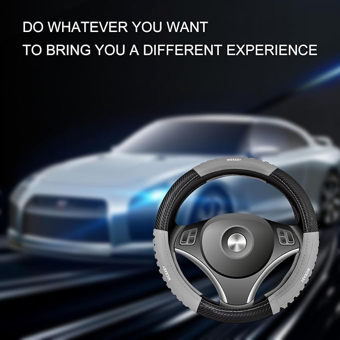 Sport Style Black Carbon-Fiber Steering Wheel Cover with Grey Grip Steering Wheel Accessory,Universal Fit 14.75-15 inch Steering Wheel