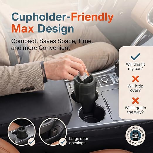 Trash Trapper Car Trash Can Cup Holder | Max Car Trash Can | Fits in Most Cupholders | 5.6" x 3.5" | Traps More & Empties Less, Patent-Pending Compaction, Holds Many Weeks Small Garbage, Black/Grey