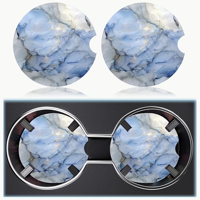 Car Cup Holder Coaster Set Of 2, 2.56 In Ceramic Coasters, Scratch-Resistant Cork Backing, Finger Groove Design For Easy Placement, Cute Car Accessories Interior For Women (Light Blue Marble)
