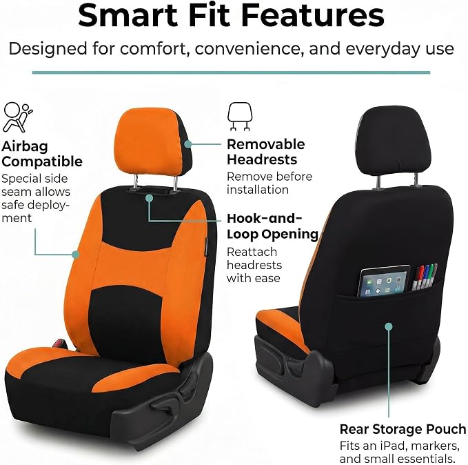 FH Group Universal Car Seat Covers Front Set for SUV Truck Sedan Vans | Waterproof All-Purpose Cloth Seat Cover Set Airbag Compatible Washable Split Bench Protector Interior Upgrade - Orange