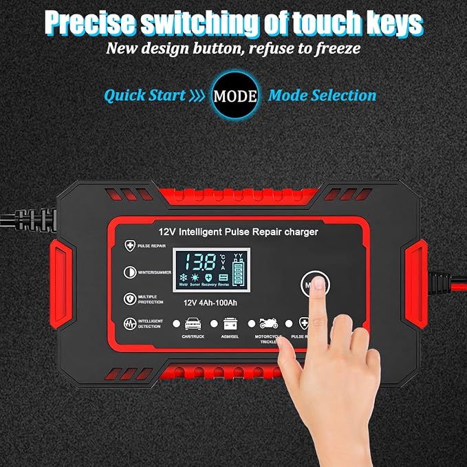 Car Battery Charger, 12V 6A Smart Fully Trickle Vehicle Battery Charger & Desulfator with Temperature Compensation, Portable Automotive Power Maintainer, Universal Fit (Red)