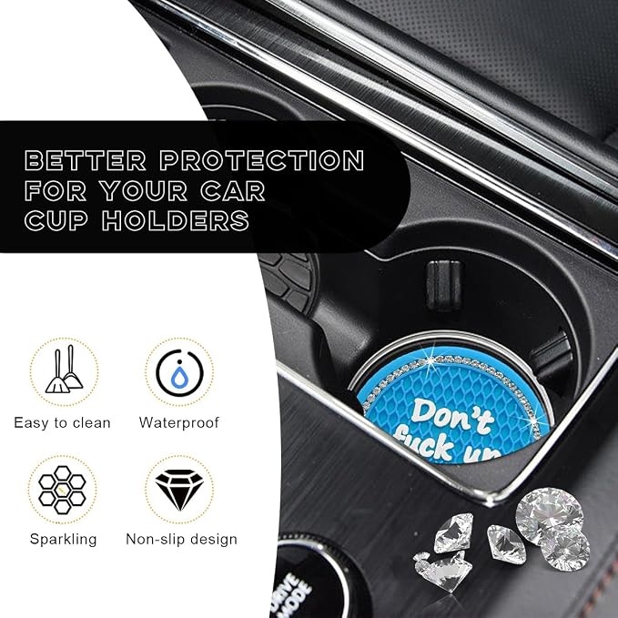 Ohleats Bling Car Cup Coaster, 2.75 Inch Non-Slip Don't Fuck Up My Car Please Cup Holder Insert Coaster, Crystal Rhinestone Auto Drink Cup Mat, Universal Car Accessories (Light Blue-4PCS)