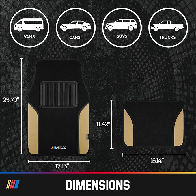 NASCAR Car Floor Mats, Carpet & Beige Leather Design Car Mats, Universal-Fit All-Weather Car Floor Mats with Built-in Heel Pad & Anti-Slip Backing, Durable Odorless Automotive Interior Accessories