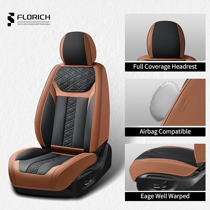 FLORICH Seat Covers, Front Seat Covers 2 PCs, Automotive Seat Cover for Cars, Luxury Leather Universal Seat Cover Accessories Fit for Most Cars SUV Truck Sedans(Brown)
