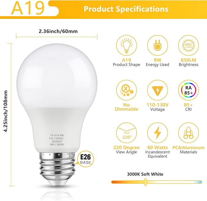 Maylaywood A19 LED Light Bulbs, 60 Watt Equivalent, Soft White 3000K, 850LM, E26 Base, Non-Dimmable, 9W Bright White LED Bulb, 4-Pack