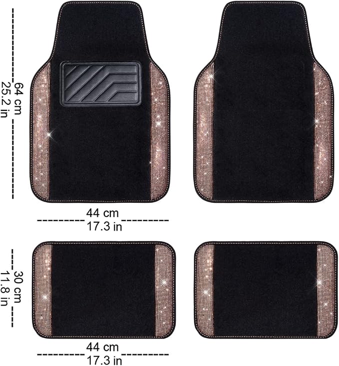 CAR PASS Bling Rhinestone Diamond Car Floor Mat, Crystal Sparkly Shining Glitter Carpet Waterproof Anti-Slip PVC Heel Pad, Universal for Interior Auto SUV,Sedan,Van,4pcs Girl Women Men, Champagne Gold