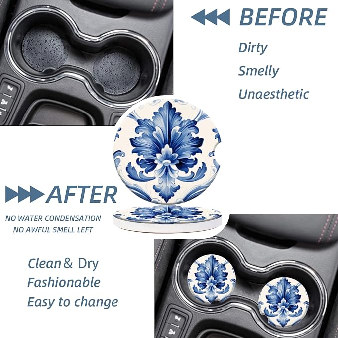 Cup Holder for Car,Blue and White Floral Elegant Print Ceramic Coasters Non-Slip Cup Holder Insert with Fingertip Grip, Auto Interior Accessories for Women & Men,Pack of 2, 2.56In
